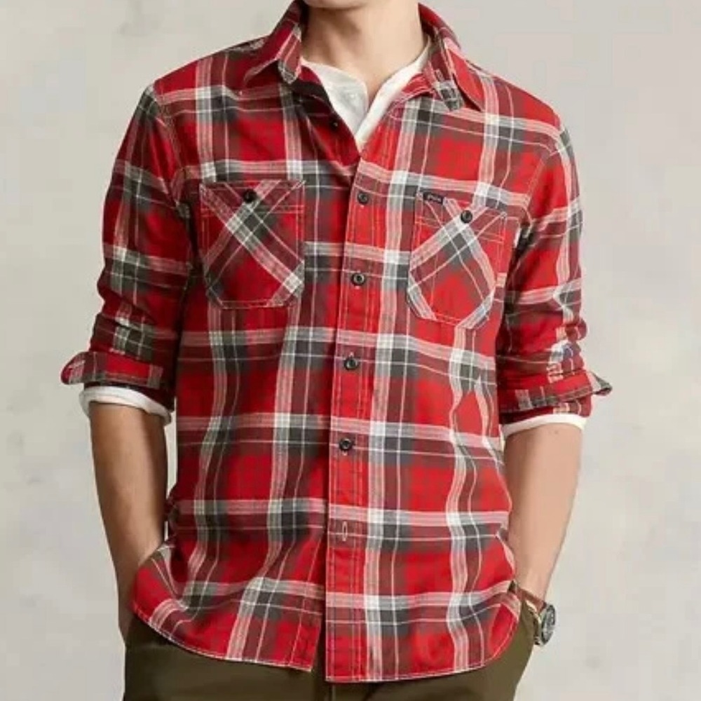 Polo Ralph Lauren Classic Fit Red Plaid Cotton Utility Shirt Pockets Cabin Sz XL